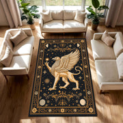 Mythical Griffin Rug, Celestial Black Gold Area Rug, Vintage Occult Constellation Carpet for Living Room Bedroom Boho Gothic Decor Aesthetic
