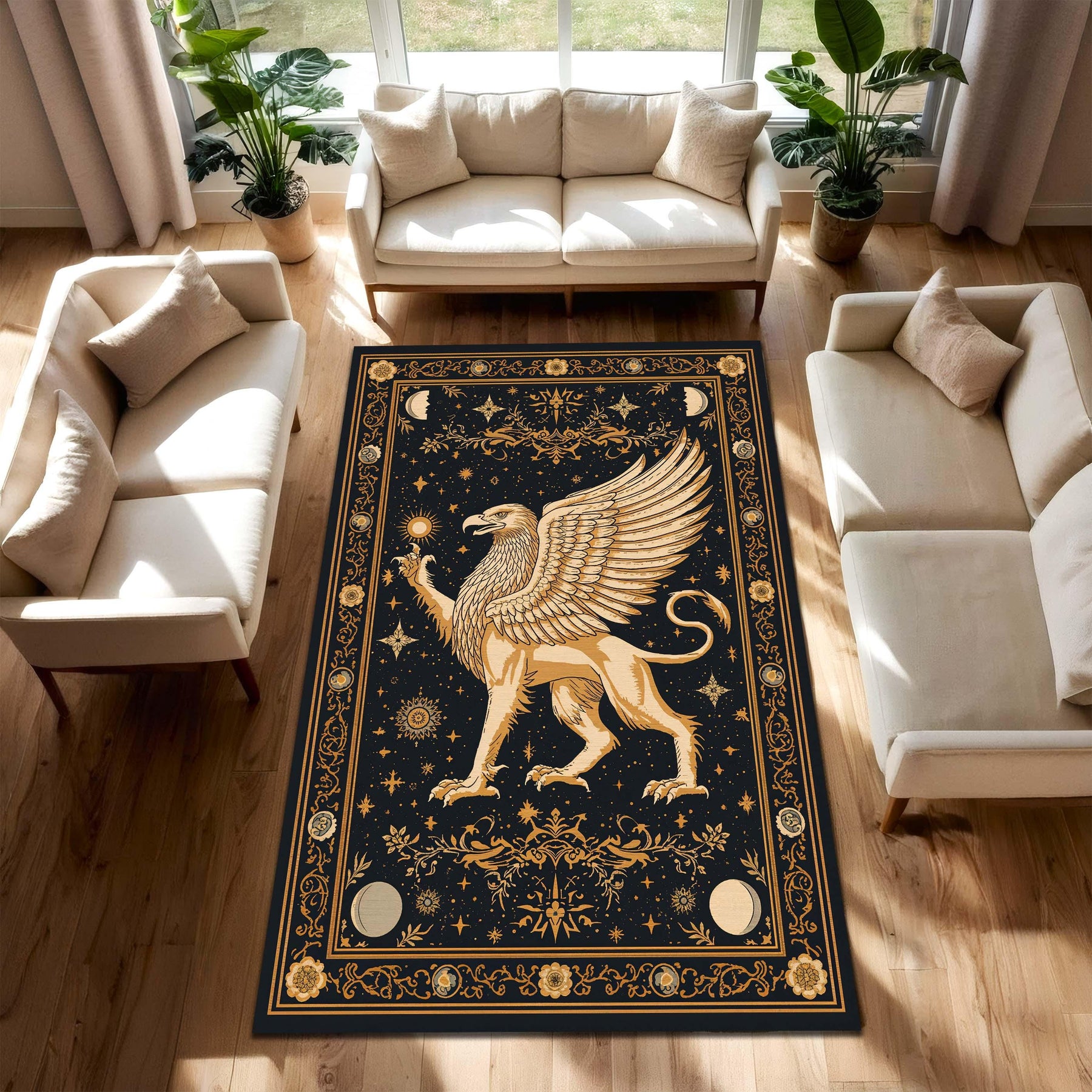 Mythical Griffin Rug, Celestial Black Gold Area Rug, Vintage Occult Constellation Carpet for Living Room Bedroom Boho Gothic Decor Aesthetic
