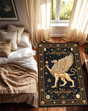 Mythical Griffin Rug, Celestial Black Gold Area Rug, Vintage Occult Constellation Carpet for Living Room Bedroom Boho Gothic Decor Aesthetic