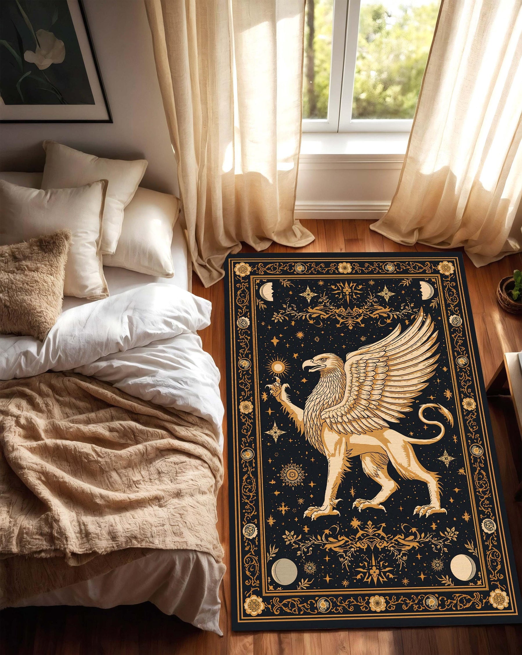 Mythical Griffin Rug, Celestial Black Gold Area Rug, Vintage Occult Constellation Carpet for Living Room Bedroom Boho Gothic Decor Aesthetic