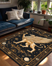 Mythical Griffin Rug, Celestial Black Gold Area Rug, Vintage Occult Constellation Carpet for Living Room Bedroom Boho Gothic Decor Aesthetic