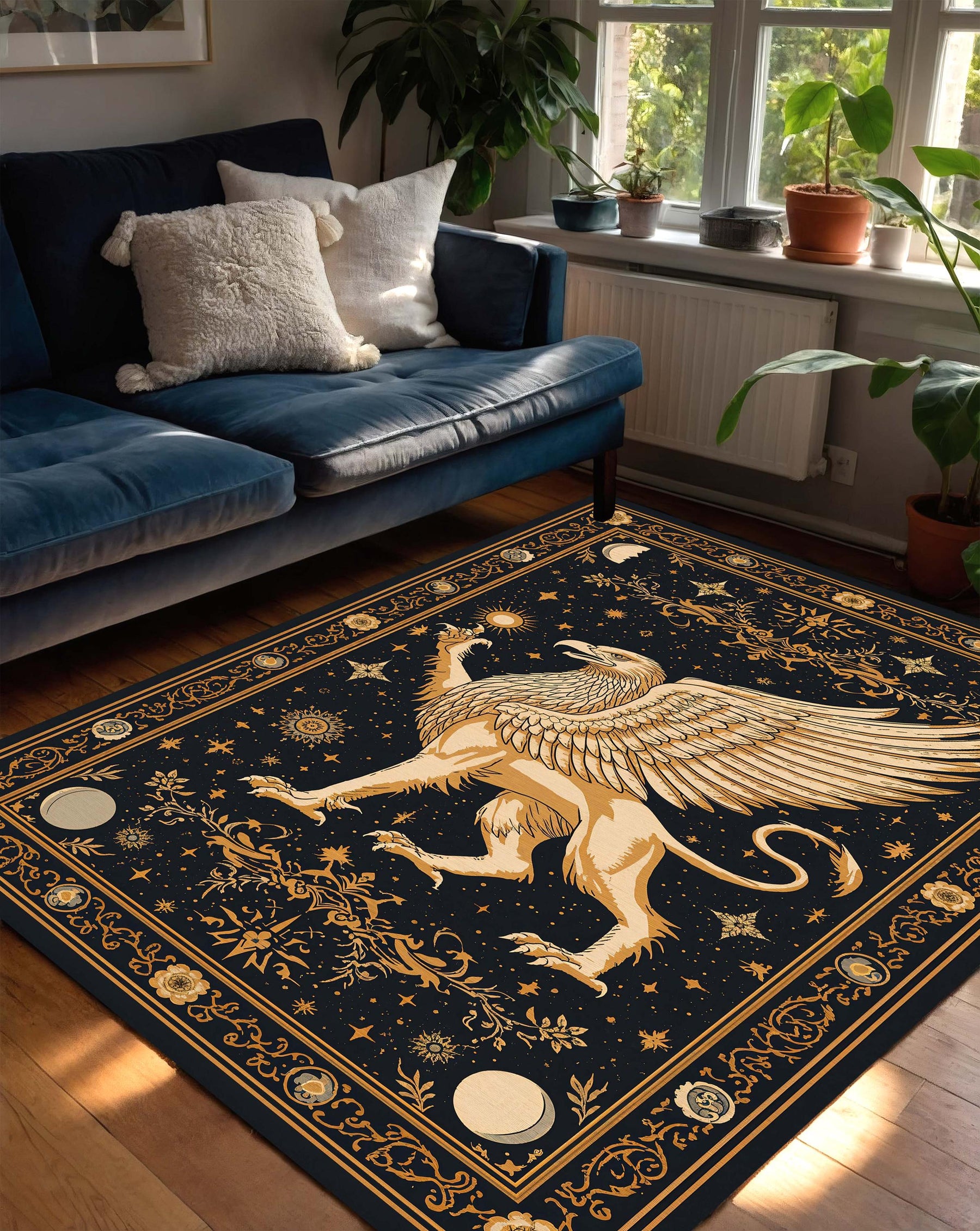 Mythical Griffin Rug, Celestial Black Gold Area Rug, Vintage Occult Constellation Carpet for Living Room Bedroom Boho Gothic Decor Aesthetic