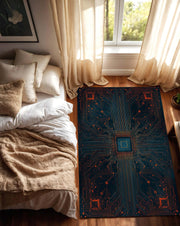 Circuit Board Area Rug for Living Room or Bedroom, Futuristic Tech Carpet, Cyberpunk Gamer Geek Decor, Teal Navy Orange Modern Mat Floor Rug