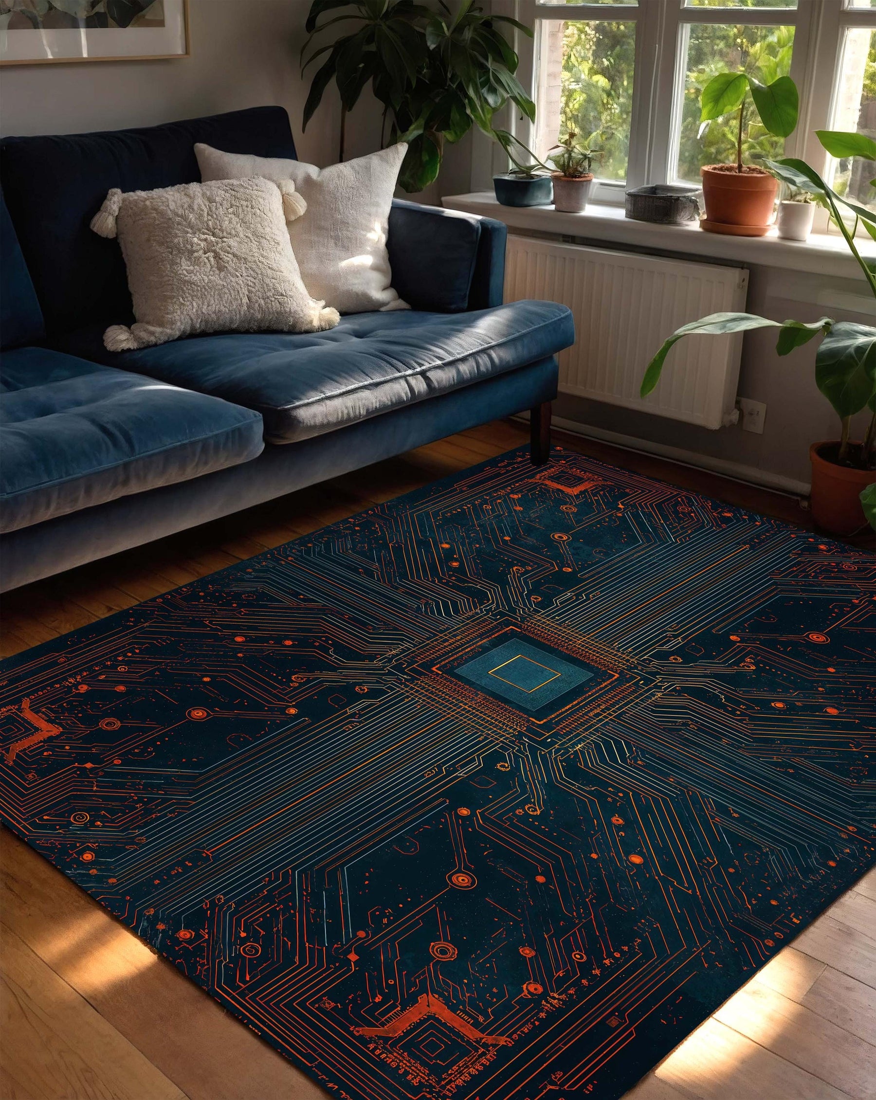 Circuit Board Area Rug for Living Room or Bedroom, Futuristic Tech Carpet, Cyberpunk Gamer Geek Decor, Teal Navy Orange Modern Mat Floor Rug