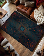 Circuit Board Area Rug for Living Room or Bedroom, Futuristic Tech Carpet, Cyberpunk Gamer Geek Decor, Teal Navy Orange Modern Mat Floor Rug