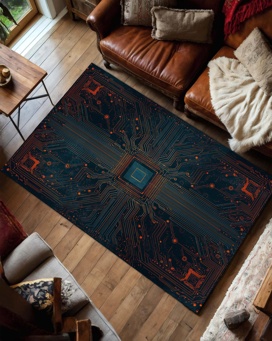Circuit Board Area Rug for Living Room or Bedroom, Futuristic Tech Carpet, Cyberpunk Gamer Geek Decor, Teal Navy Orange Modern Mat Floor Rug
