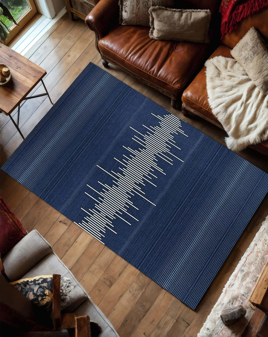 Navy Blue Sound Wave Rug – Modern Minimalist Area Carpet with Audio Waveform Design, Low Pile Soft Rug for Living Room, Contemporary Decor