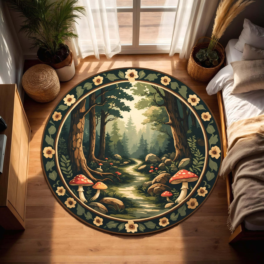 Round Mushroom Forest Rug, Cottagecore Woodland Path Carpet, Whimsical Fairycore Decor, Soft Washable Nature Trail Area Rug for Bedroom