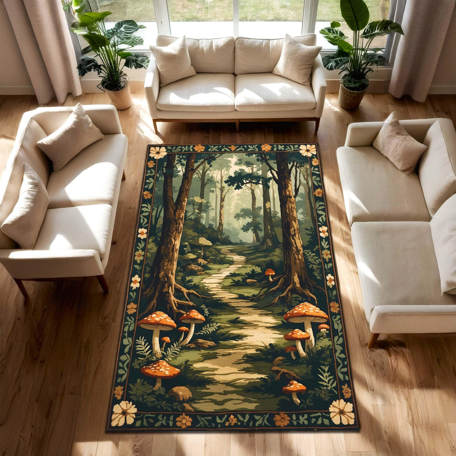 Mushroom Forest Area Rug, Cottagecore Woodland Path Carpet, Whimsical Fairycore Decor, Soft Washable Nature Trail Rug for Living Room