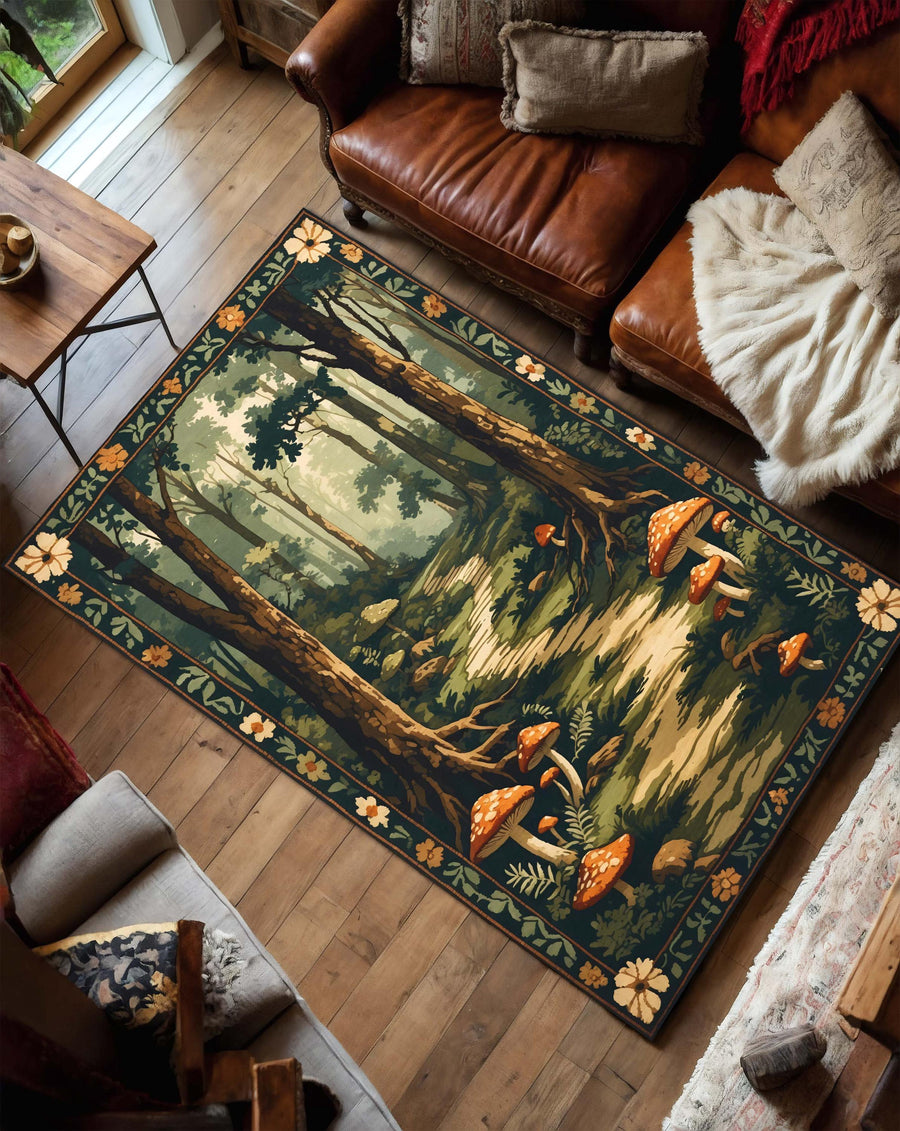 Mushroom Forest Area Rug, Cottagecore Woodland Path Carpet, Whimsical Fairycore Decor, Soft Washable Nature Trail Rug for Living Room