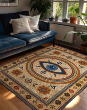 Evil Eye Mosaic Area Rug – Mediterranean Boho Vintage Nazar Carpet, Blue Gold Pattern for Living Room & Bedroom, Turkish Bohemian Decor