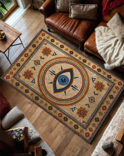 Evil Eye Mosaic Area Rug – Mediterranean Boho Vintage Nazar Carpet, Blue Gold Pattern for Living Room & Bedroom, Turkish Bohemian Decor