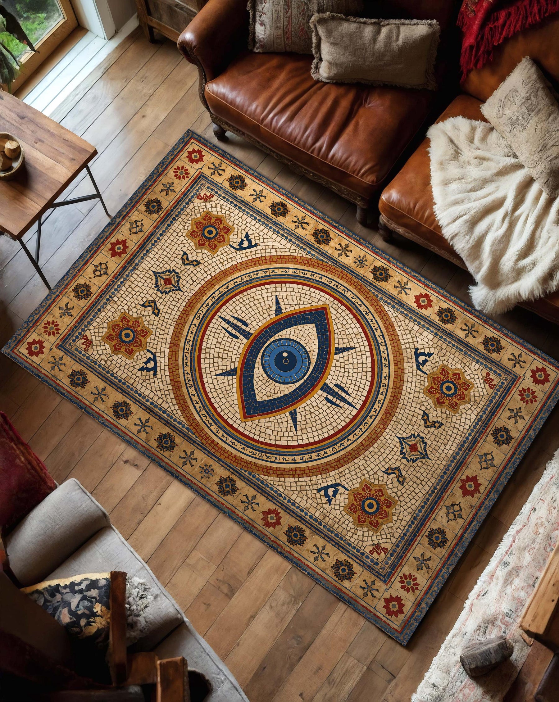 Evil Eye Mosaic Area Rug – Mediterranean Boho Vintage Nazar Carpet, Blue Gold Pattern for Living Room & Bedroom, Turkish Bohemian Decor