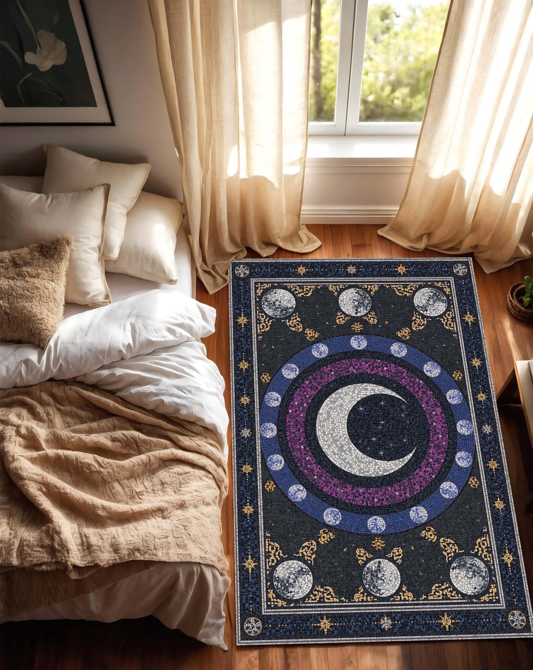 Celestial Moon Phase Mosaic Rug, Boho Astrology Area Carpet, Starry Night Crescent Moon Decor for Living Room Bedroom, Cosmic Aesthetic
