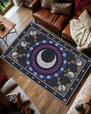 Celestial Moon Phase Mosaic Rug, Boho Astrology Area Carpet, Starry Night Crescent Moon Decor for Living Room Bedroom, Cosmic Aesthetic