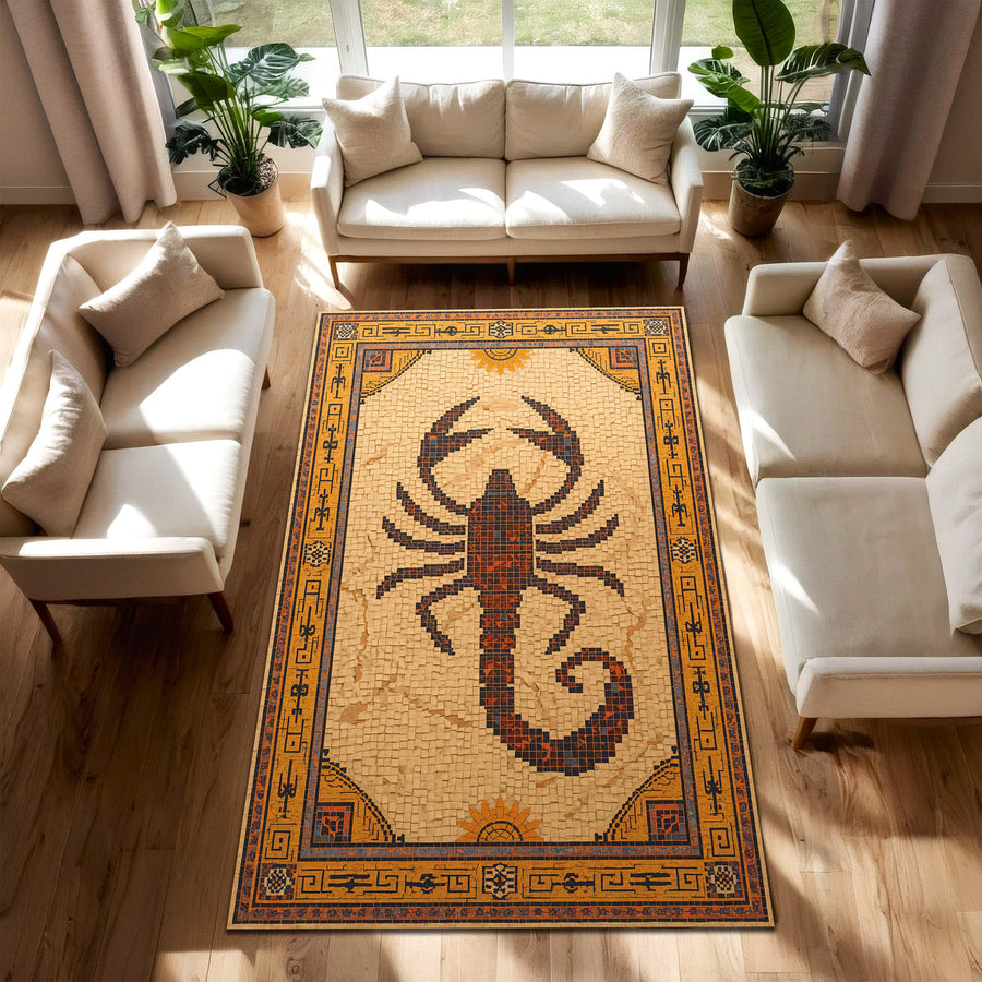 Scorpion Mosaic Area Rug, Vintage Southwestern Zodiac Decor, Aztec Greek Key Border, Boho Living Room Bedroom Carpet, Rustic Sun Symbol