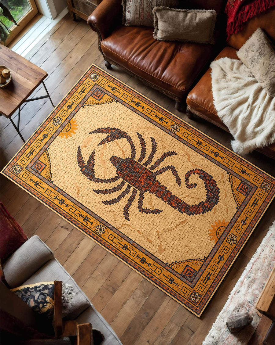 Scorpion Mosaic Area Rug, Vintage Southwestern Zodiac Decor, Aztec Greek Key Border, Boho Living Room Bedroom Carpet, Rustic Sun Symbol