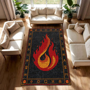 Fire Element Mosaic Flame Rug with Rune Border, Black Red Area Rug for Living Room Bedroom, Occult Gothic Decor Gift, Fire Ember Design Rug