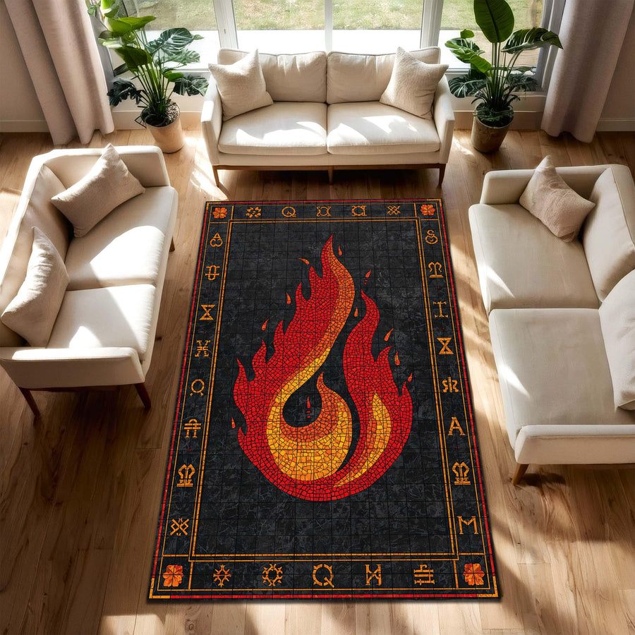 Fire Element Mosaic Flame Rug with Rune Border, Black Red Area Rug for Living Room Bedroom, Occult Gothic Decor Gift, Fire Ember Design Rug