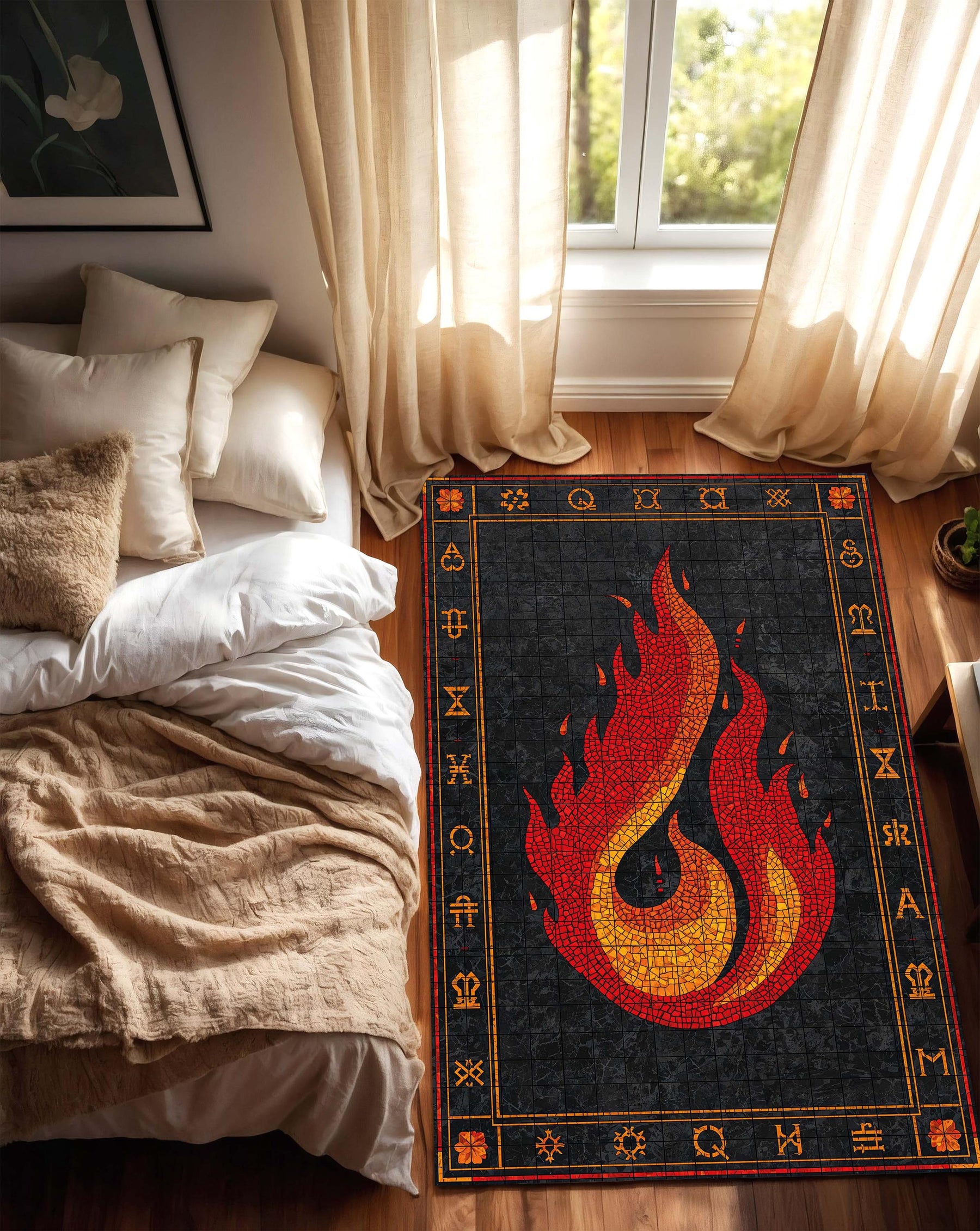 Fire Element Mosaic Flame Rug with Rune Border, Black Red Area Rug for Living Room Bedroom, Occult Gothic Decor Gift, Fire Ember Design Rug