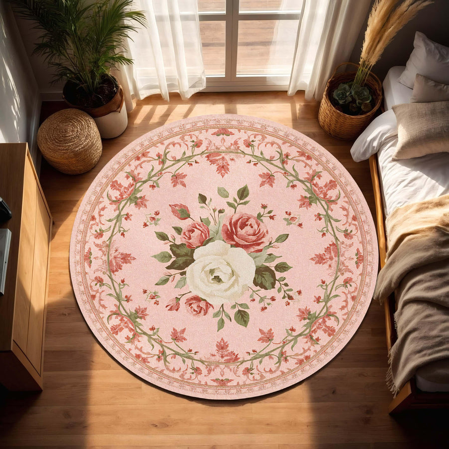 French Country Round Rug with Vintage Roses, Cottagecore Floral Area Carpet, Shabby Chic Pink Boho Mat for Living Room Bedroom Nursery Decor