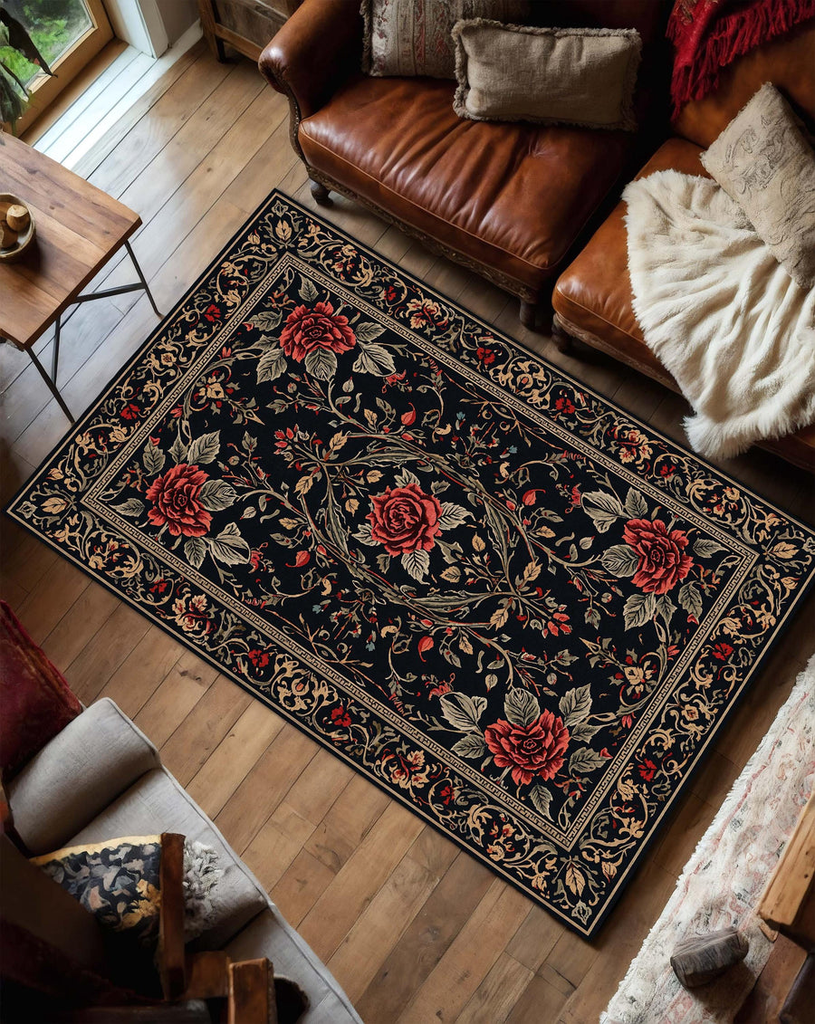 Gothic Vintage Black Rose Area Rug, Floral Oriental Carpet for Living Room Bedroom or Entryway, Soft Low Pile Non Slip Washable Home Decor