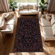 Gothic Black Rose Area Rug with Gold Baroque Border, Vintage Gothic Floral Carpet for Living Room Bedroom, Dark Romantic Aesthetic Decor