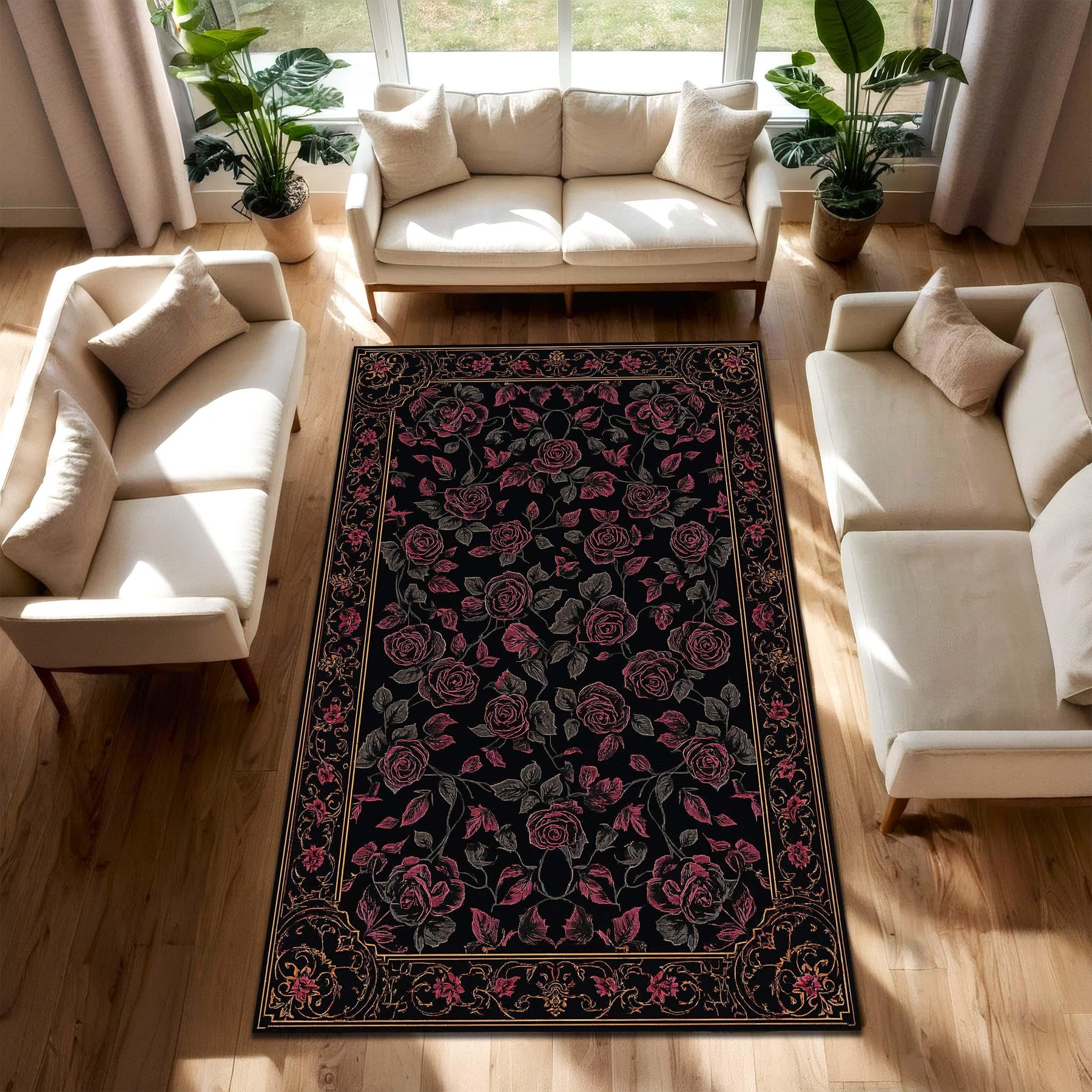 Gothic Black Rose Area Rug with Gold Baroque Border, Vintage Gothic Floral Carpet for Living Room Bedroom, Dark Romantic Aesthetic Decor
