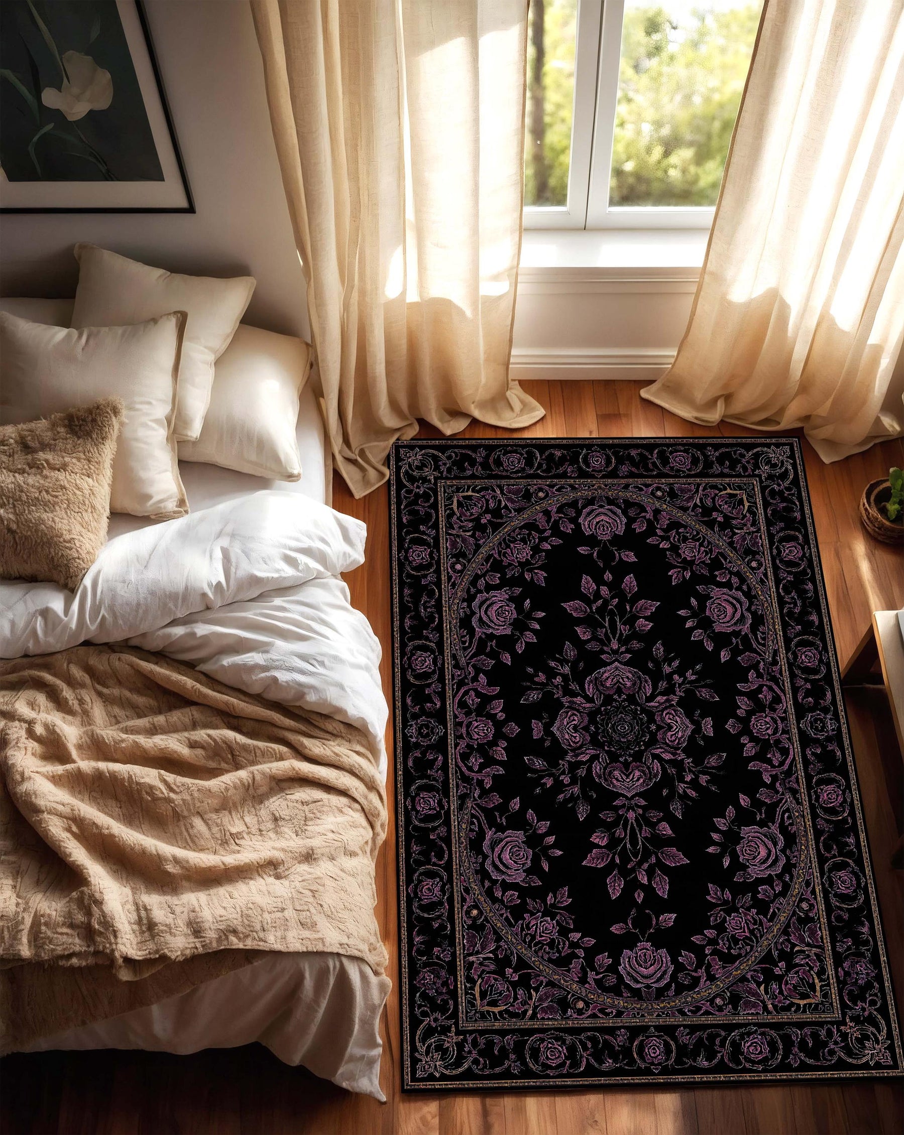 Black Gothic Floral Rug with Purple Roses, Vintage Medallion Area Carpet, Dark Boho Victorian Living Room Decor, Non Slip Washable Floor Mat