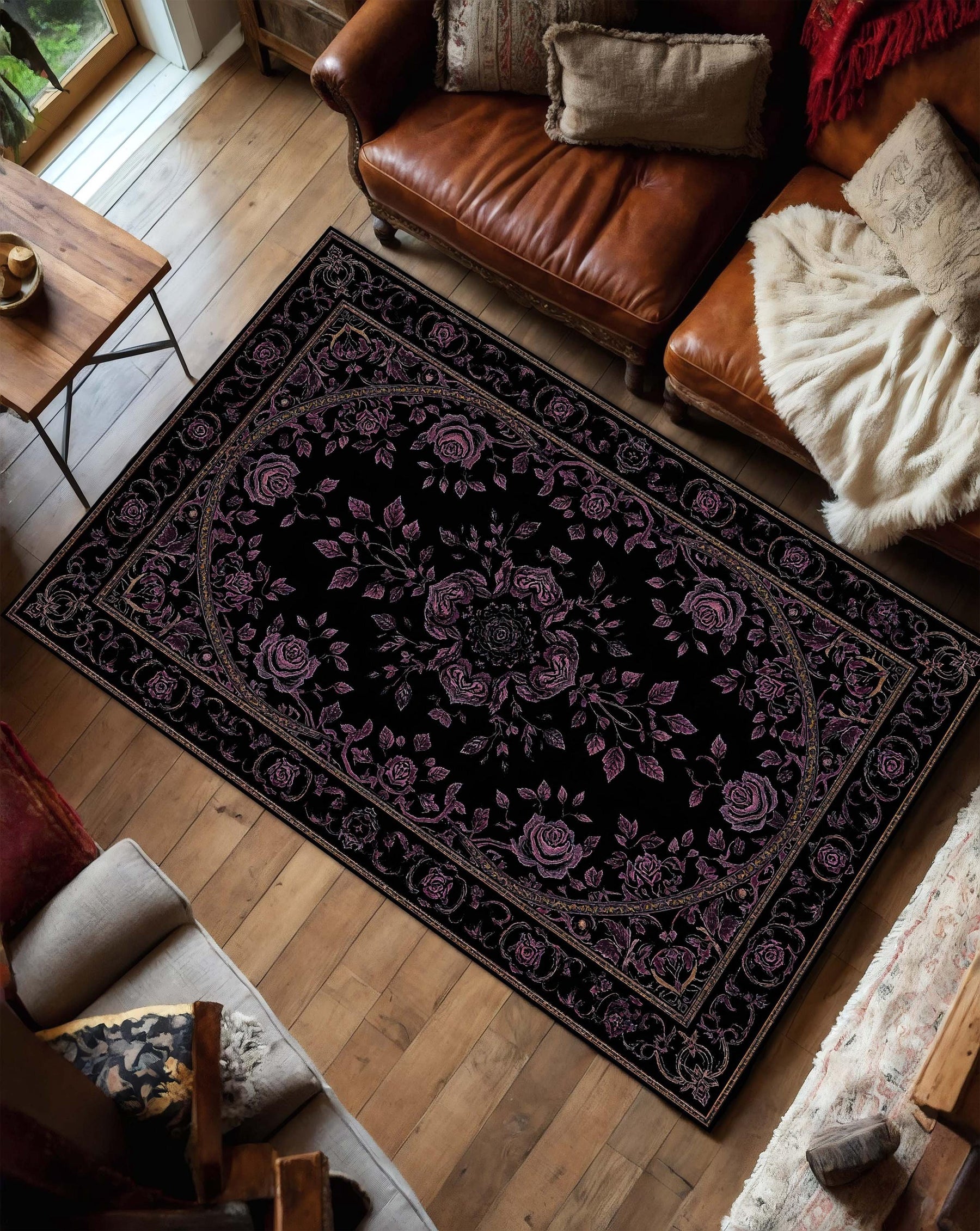 Black Gothic Floral Rug with Purple Roses, Vintage Medallion Area Carpet, Dark Boho Victorian Living Room Decor, Non Slip Washable Floor Mat
