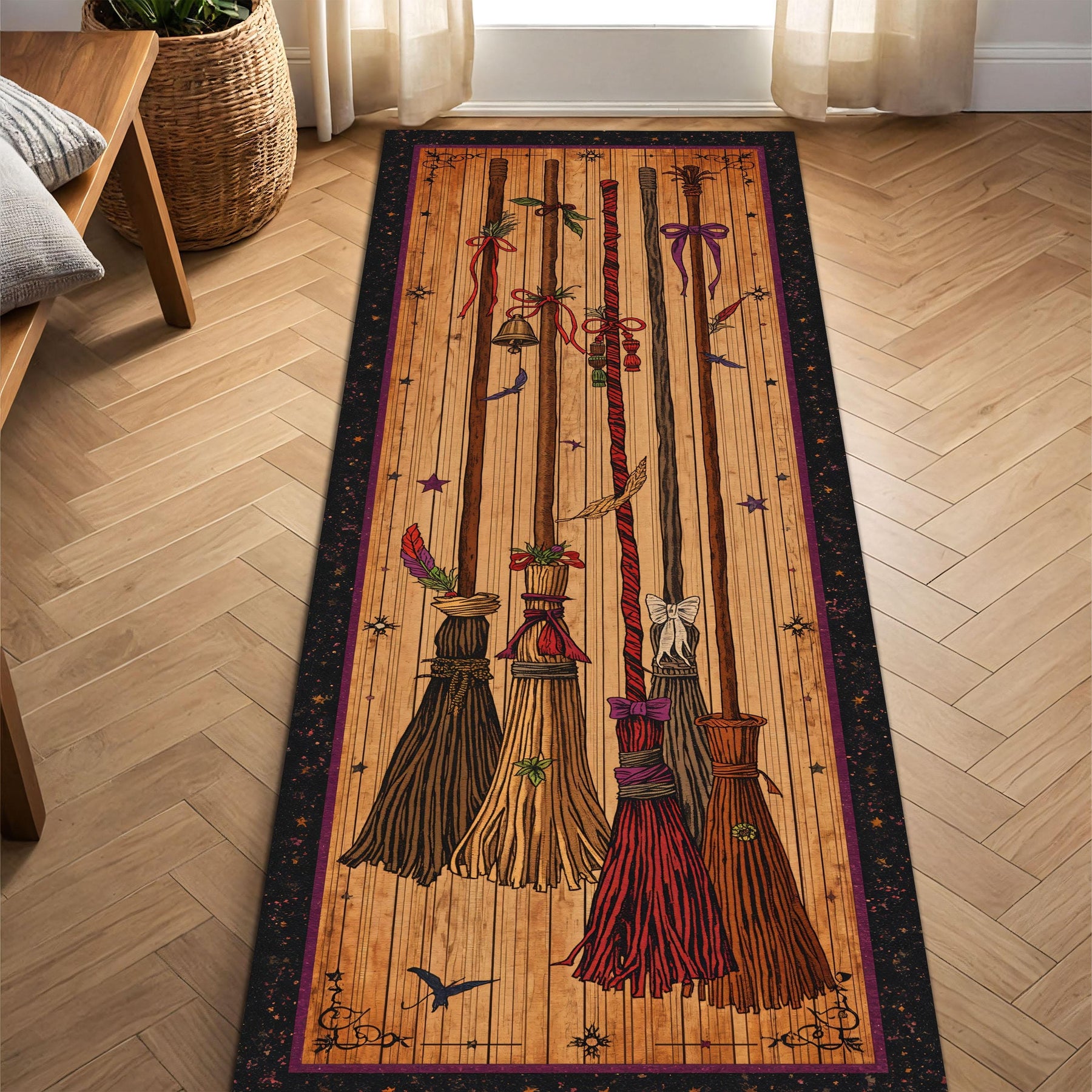 Witch Broom Runner Rug Halloween Hallway Carpet, Vintage Broomstick Print Floor Mat for Entryway, Cozy Fall Decor Gift Idea