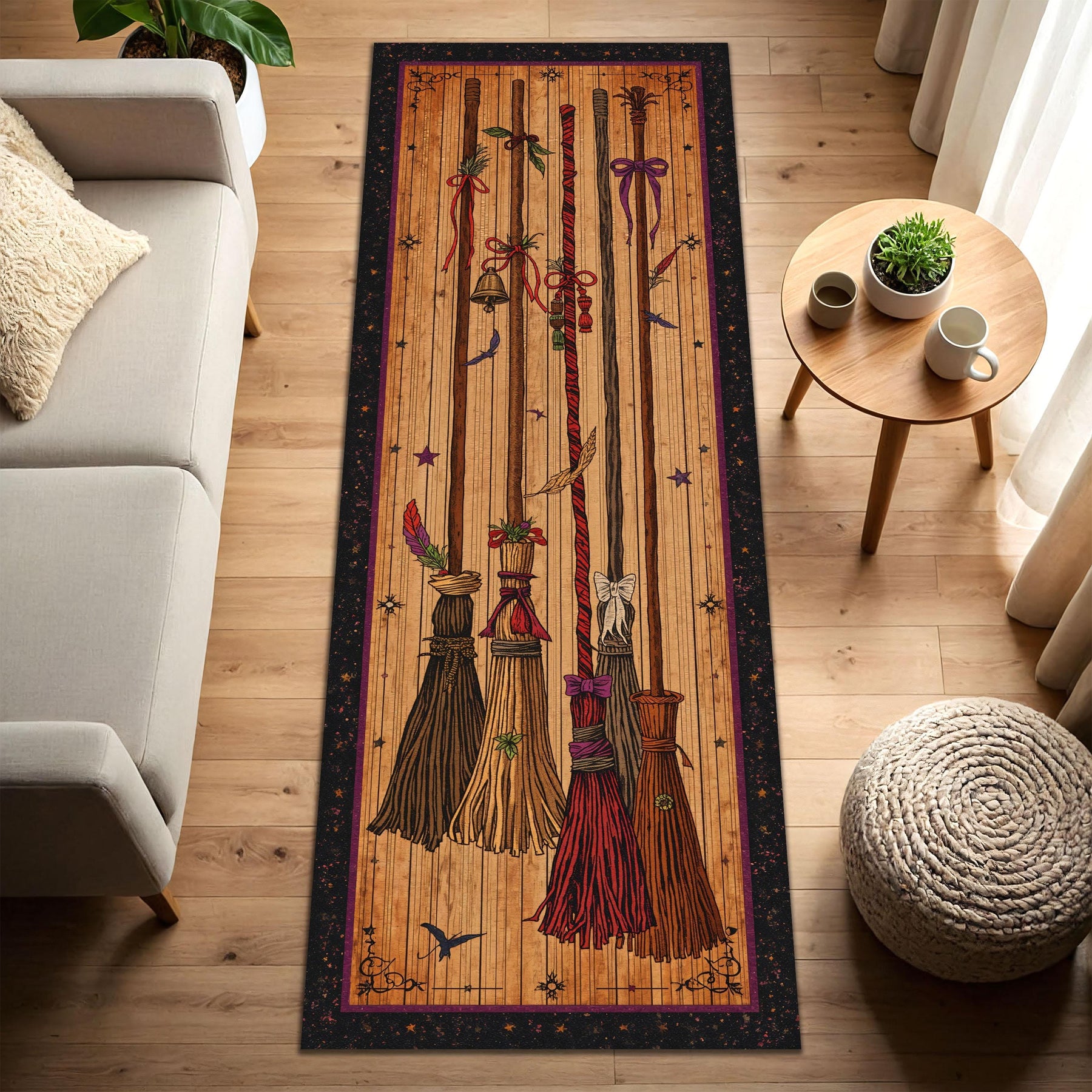 Witch Broom Runner Rug Halloween Hallway Carpet, Vintage Broomstick Print Floor Mat for Entryway, Cozy Fall Decor Gift Idea