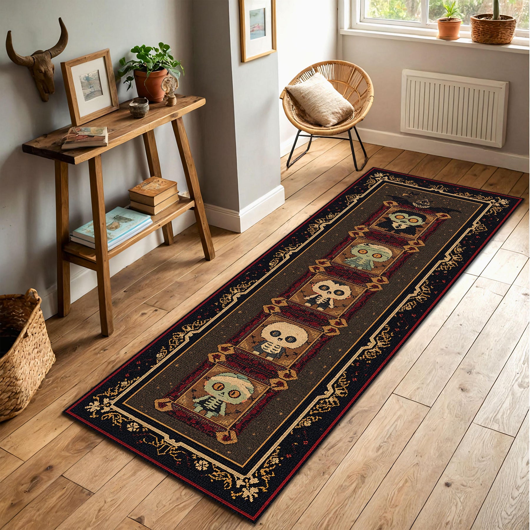 Halloween Runner Rug with Cute Skeletons and Zombie Motifs, Vintage Gothic Hallway Carpet Runner, Non Slip Washable Entryway Decor