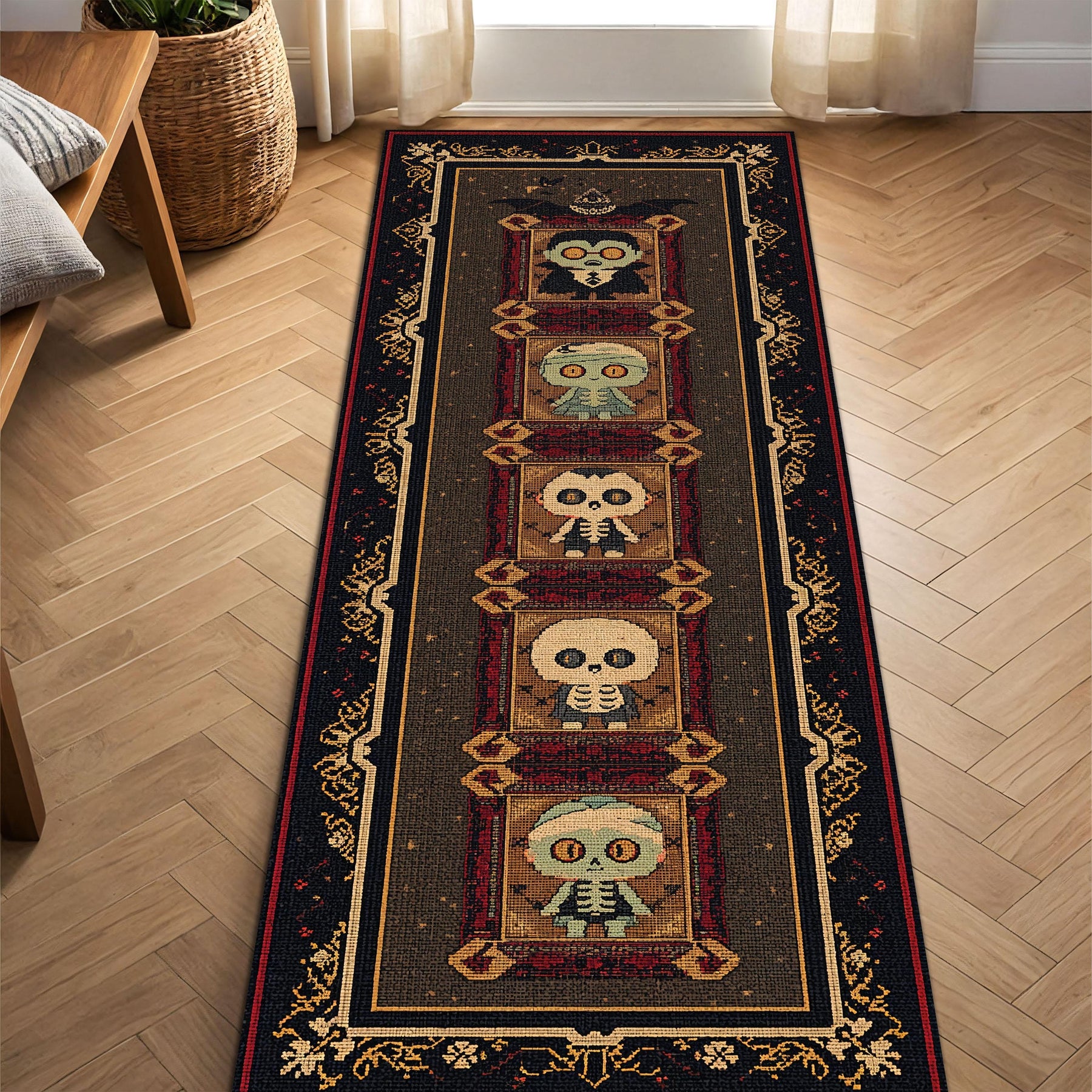 Halloween Runner Rug with Cute Skeletons and Zombie Motifs, Vintage Gothic Hallway Carpet Runner, Non Slip Washable Entryway Decor