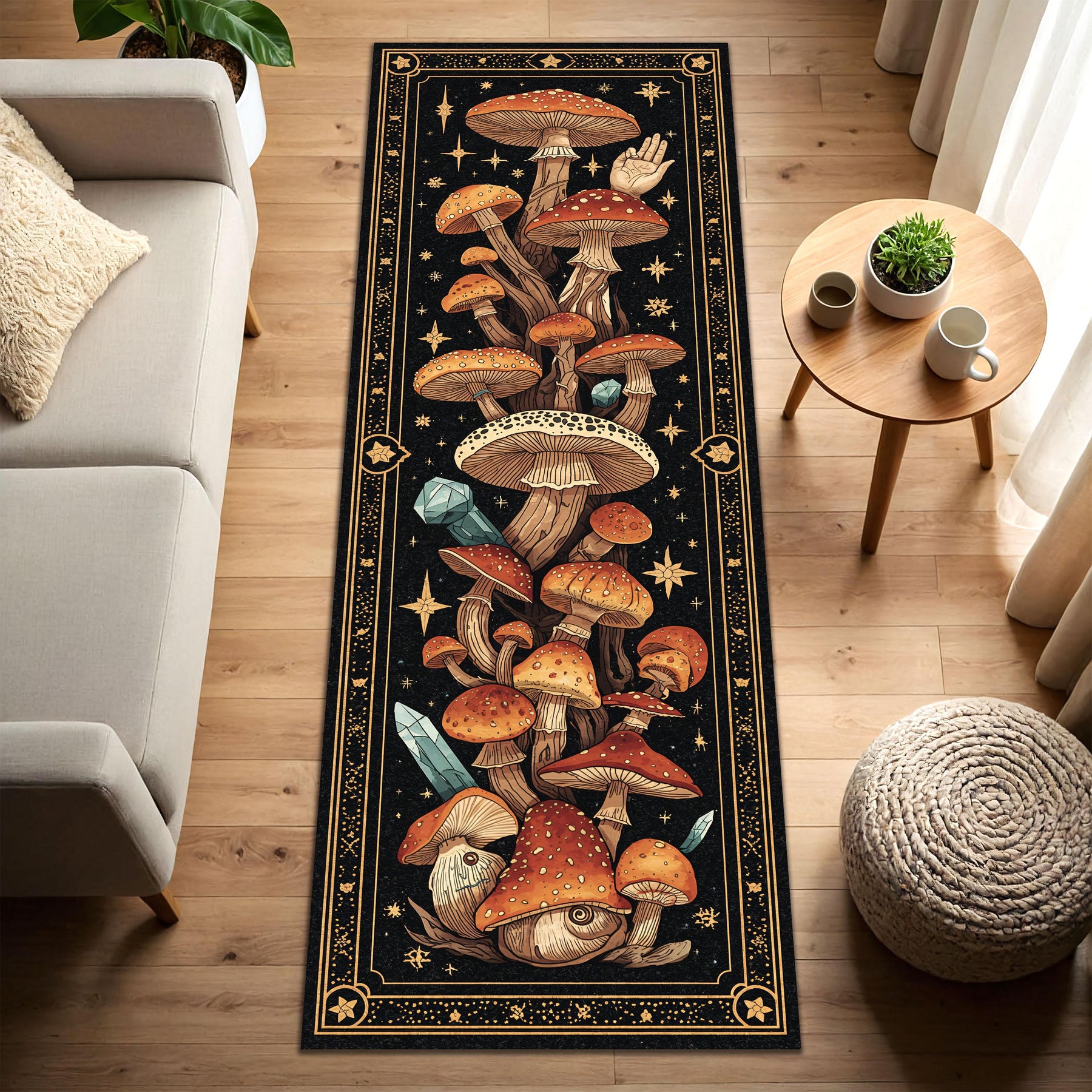 Boho Mushroom Runner Rug for Hallway – Celestial Crystal Forest Design, Witchy Cottagecore Decor, Non Slip Washable Entryway Carpet