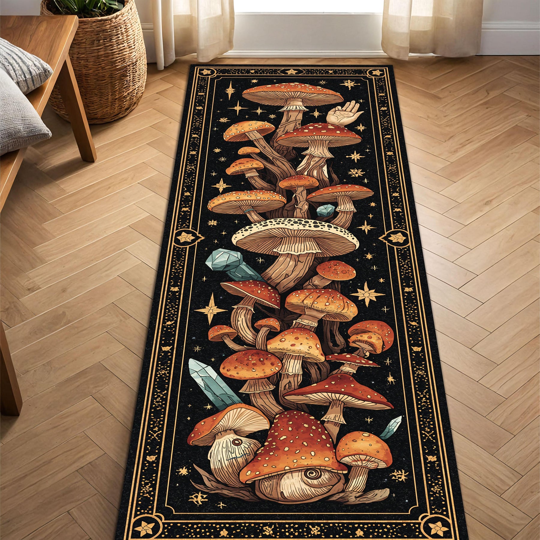 Boho Mushroom Runner Rug for Hallway – Celestial Crystal Forest Design, Witchy Cottagecore Decor, Non Slip Washable Entryway Carpet