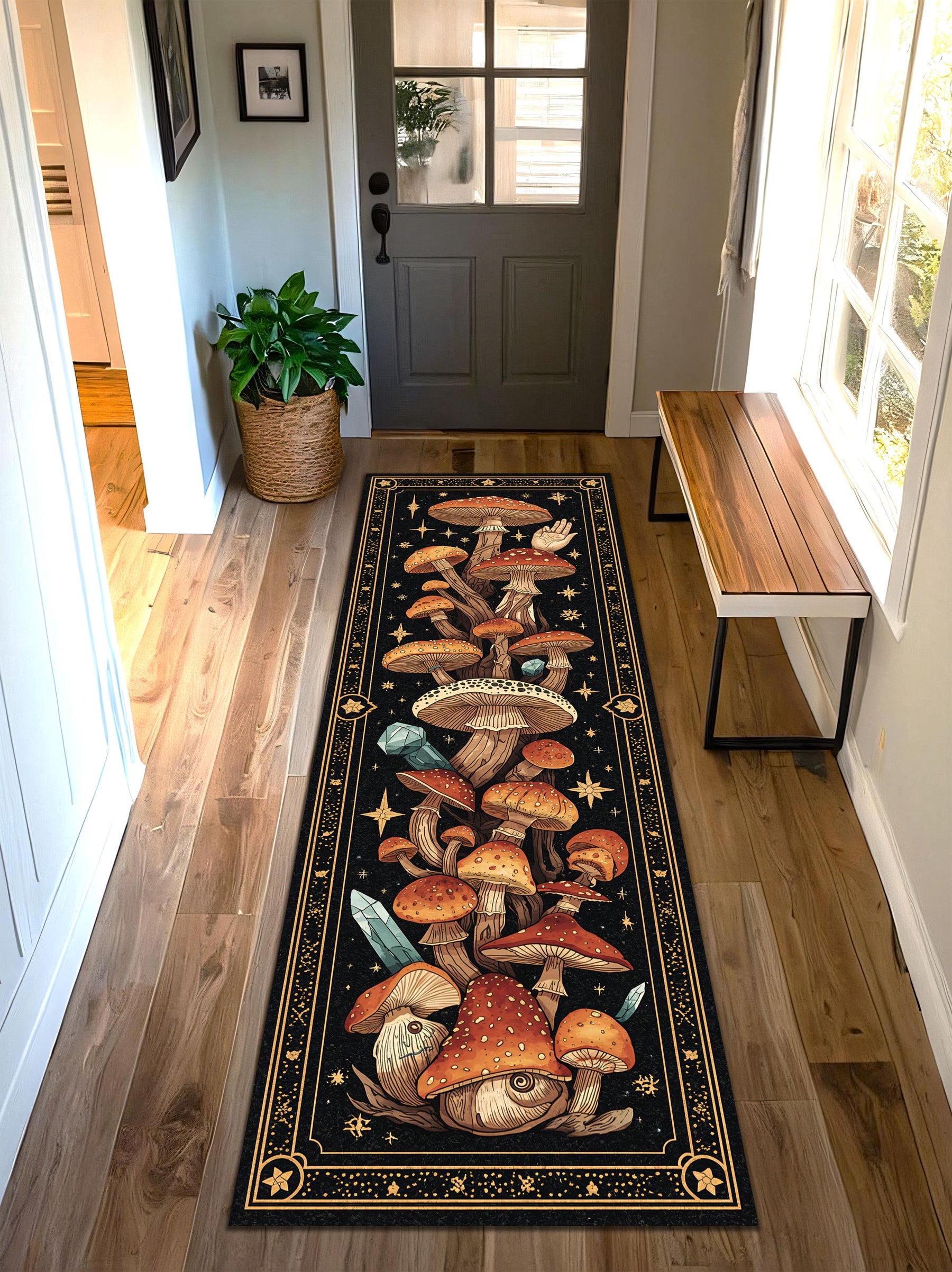 Boho Mushroom Runner Rug for Hallway – Celestial Crystal Forest Design, Witchy Cottagecore Decor, Non Slip Washable Entryway Carpet