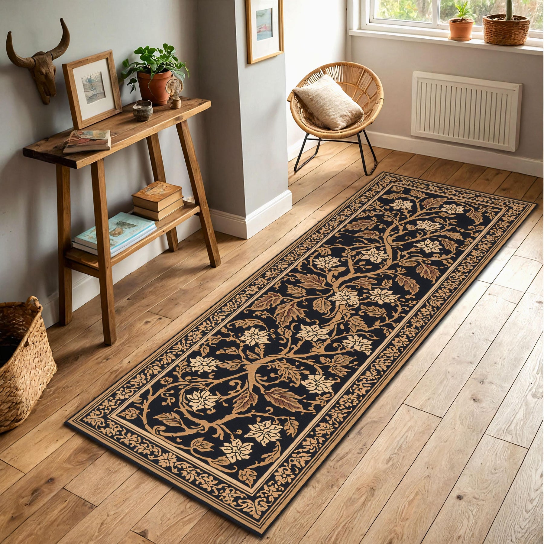 Black and Gold Floral Vine Runner Rug – Traditional Oriental Hallway Carpet for Entryway Kitchen & Living Room Décor, Vintage Style Runner