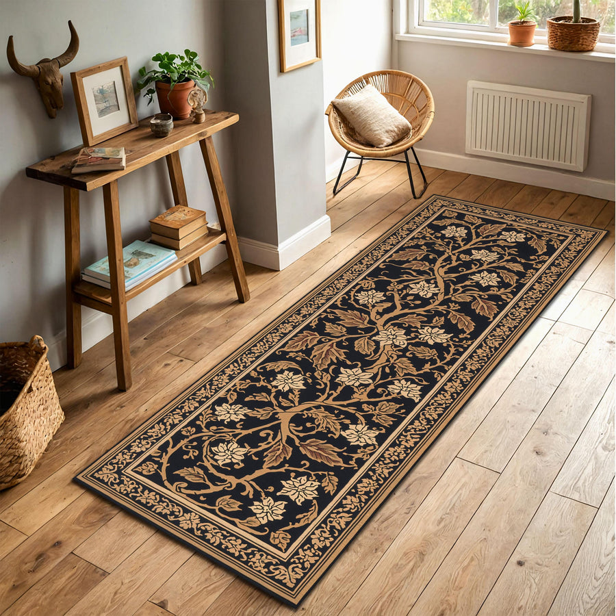 Black and Gold Floral Vine Runner Rug – Traditional Oriental Hallway Carpet for Entryway Kitchen & Living Room Décor, Vintage Style Runner