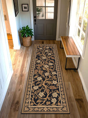 Black and Gold Floral Vine Runner Rug – Traditional Oriental Hallway Carpet for Entryway Kitchen & Living Room Décor, Vintage Style Runner
