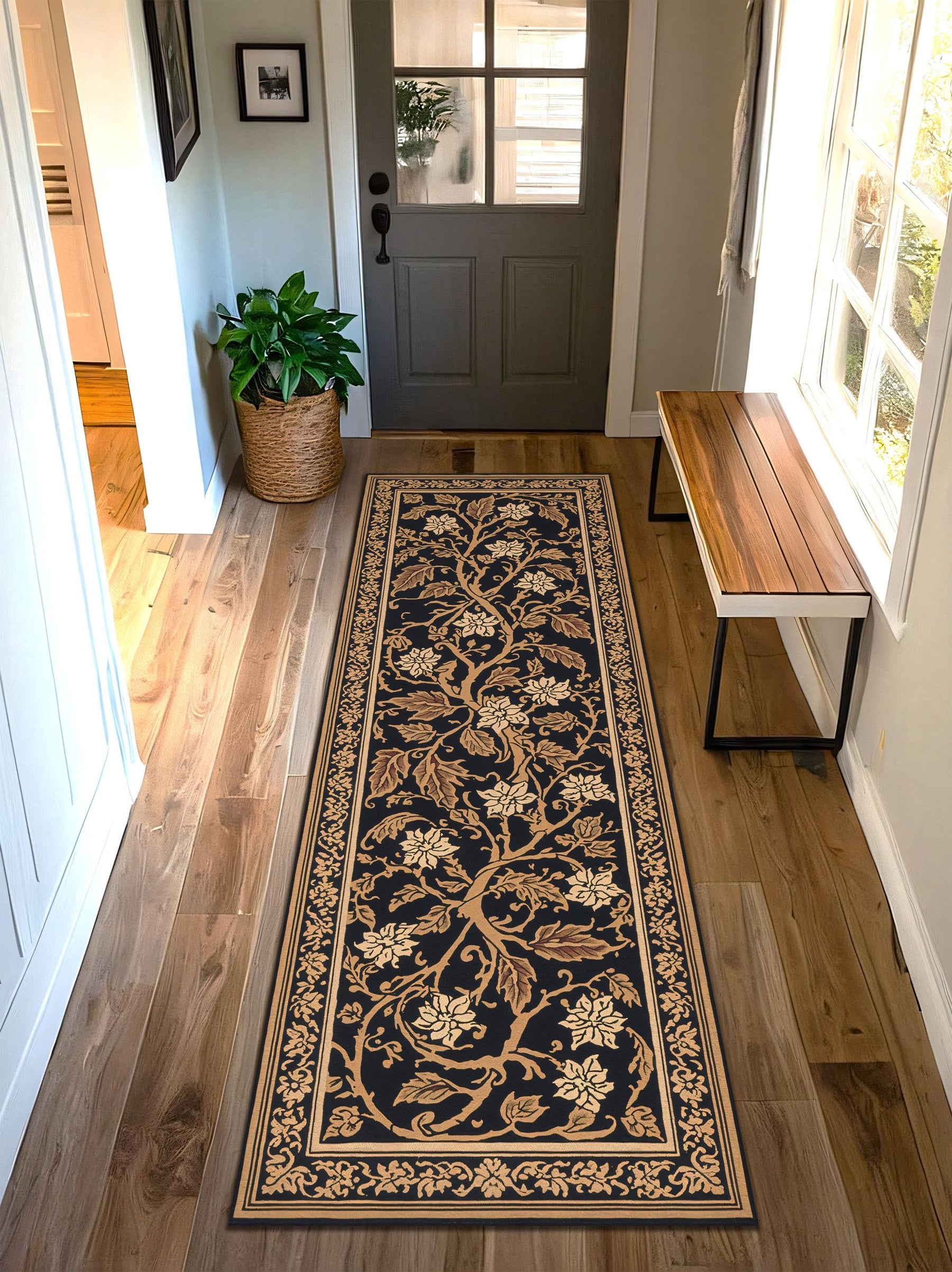 Black and Gold Floral Vine Runner Rug – Traditional Oriental Hallway Carpet for Entryway Kitchen & Living Room Décor, Vintage Style Runner