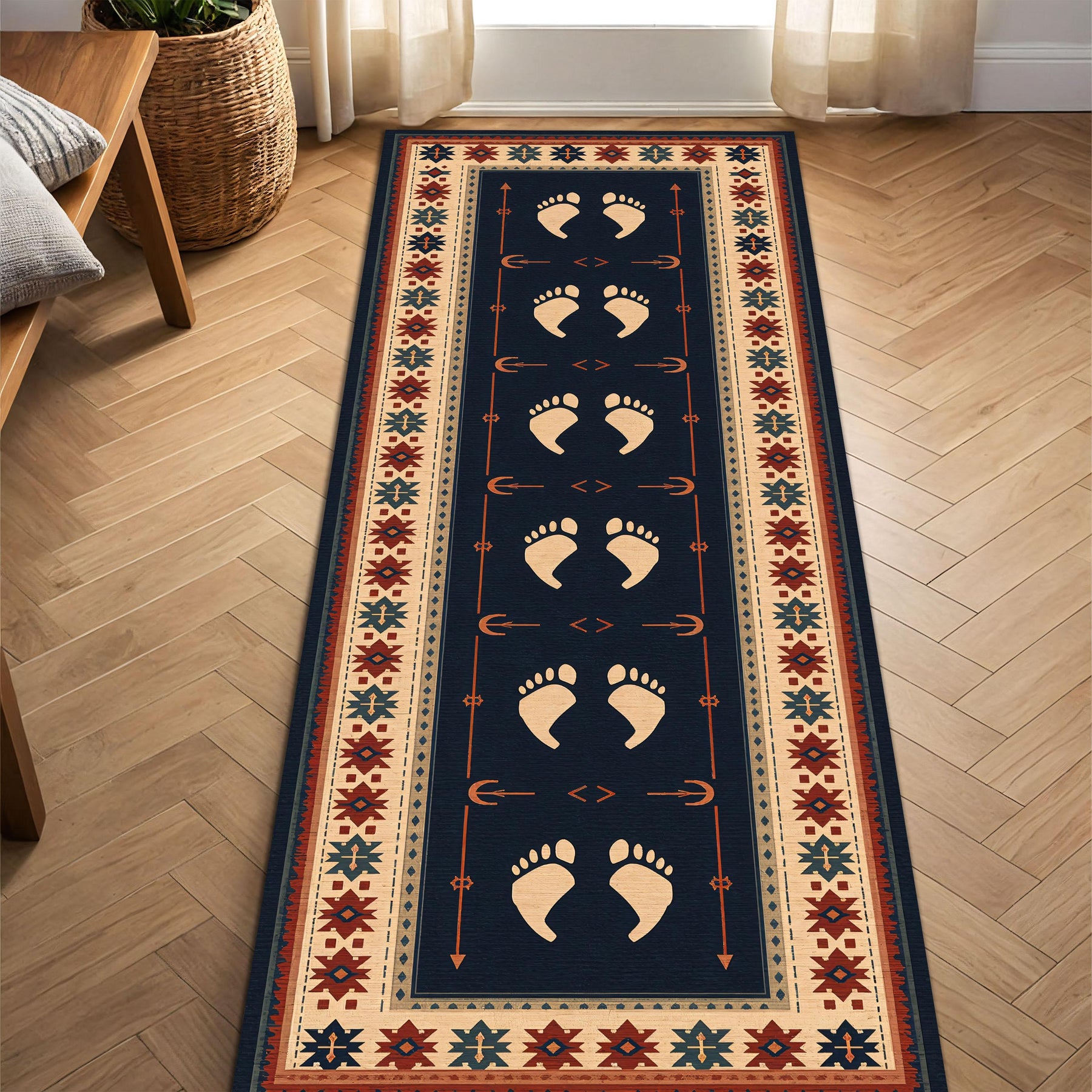 Navy Southwestern Runner Rug with Footprint Pattern – Boho Tribal Non Slip Washable Hallway Rug for Entryway Kitchen and Living Room