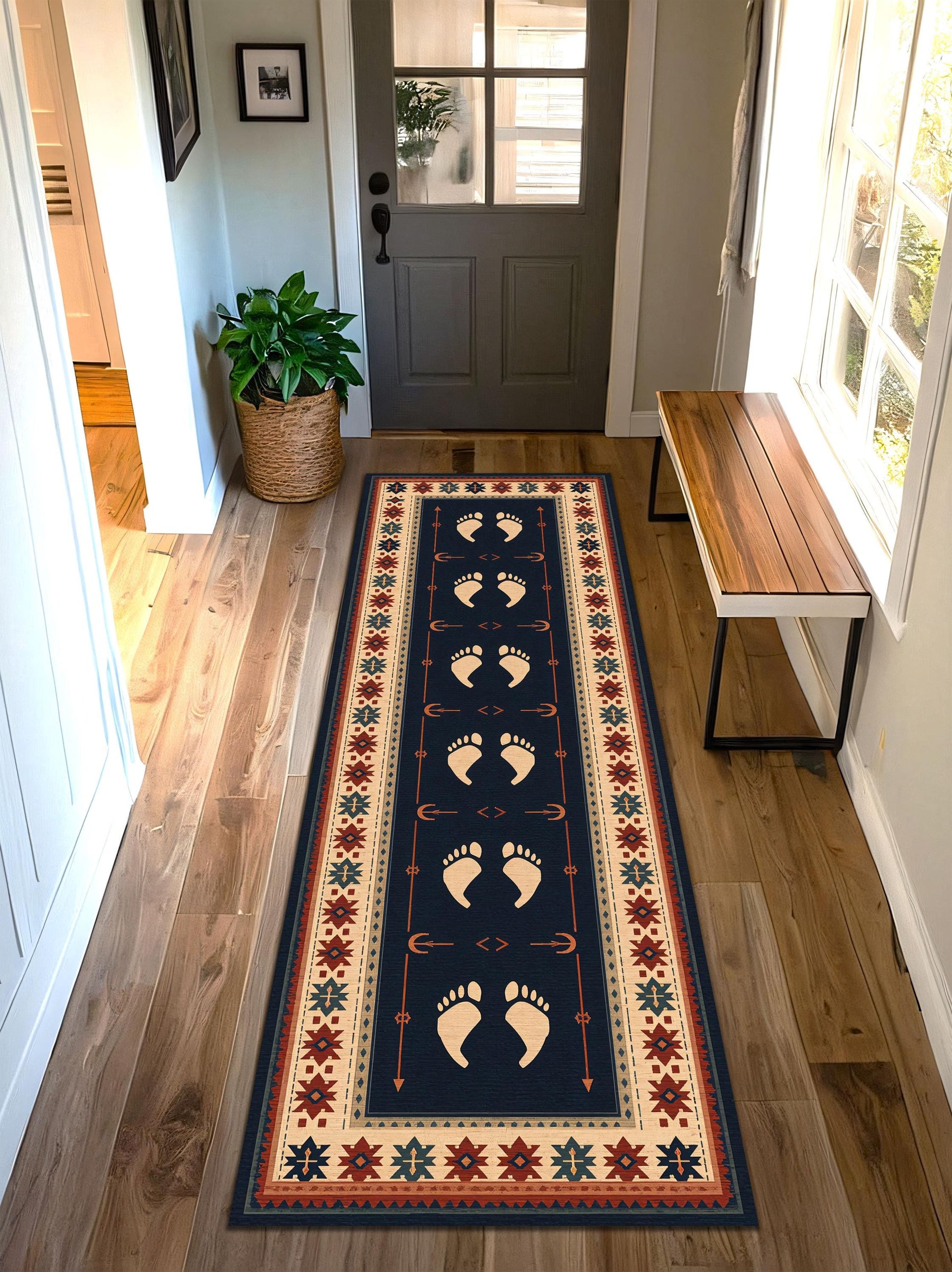 Navy Southwestern Runner Rug with Footprint Pattern – Boho Tribal Non Slip Washable Hallway Rug for Entryway Kitchen and Living Room