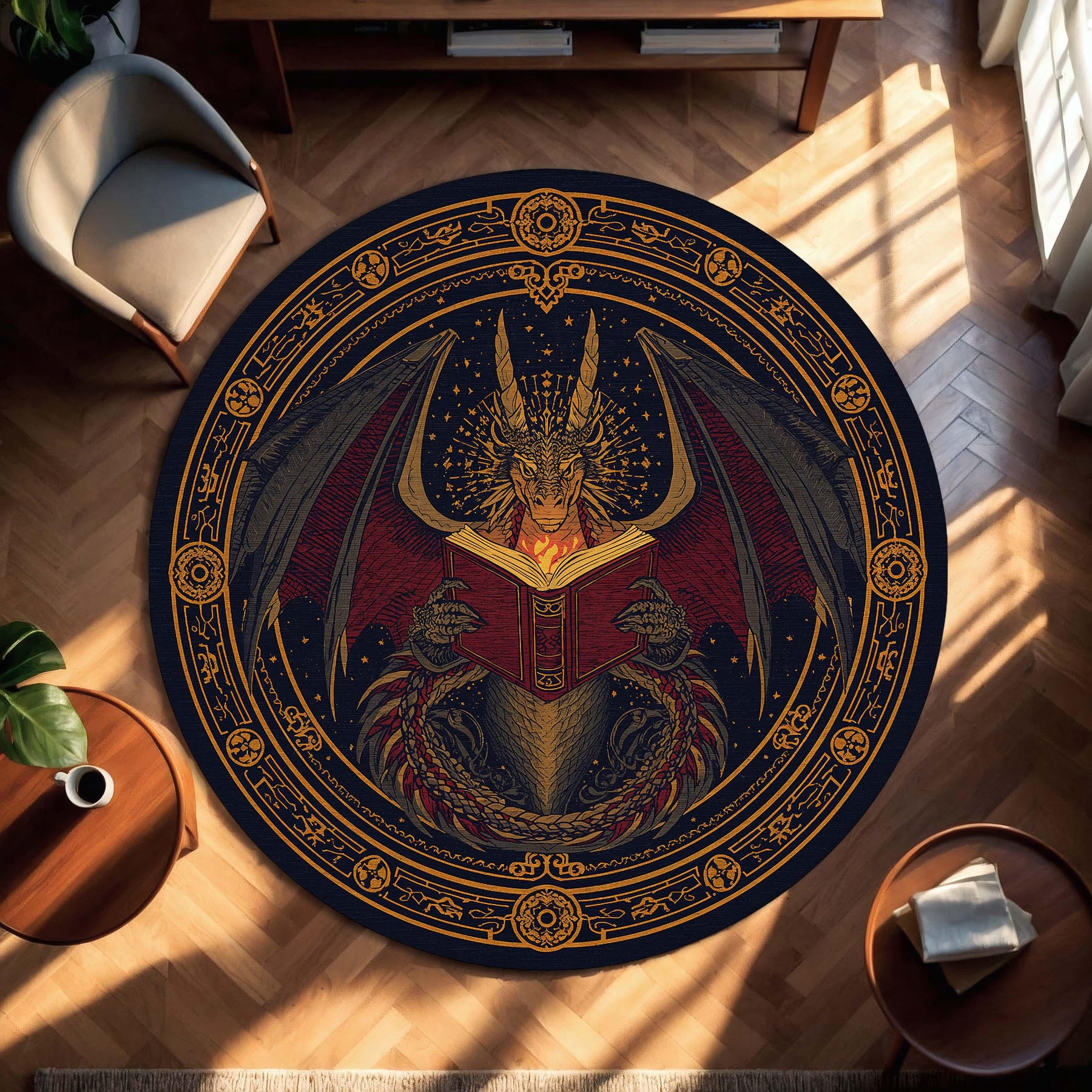 Dragon Wizard Round Rug, Mystical Reading Dragon Area Carpet, Fantasy Occult Mandala Decor, Celestial Floor Mat for Bedroom Living Room