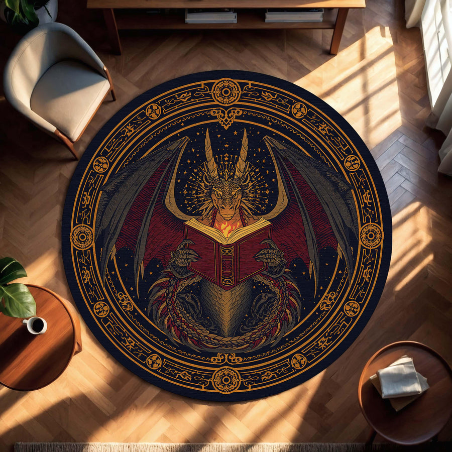 Dragon Wizard Round Rug, Mystical Reading Dragon Area Carpet, Fantasy Occult Mandala Decor, Celestial Floor Mat for Bedroom Living Room