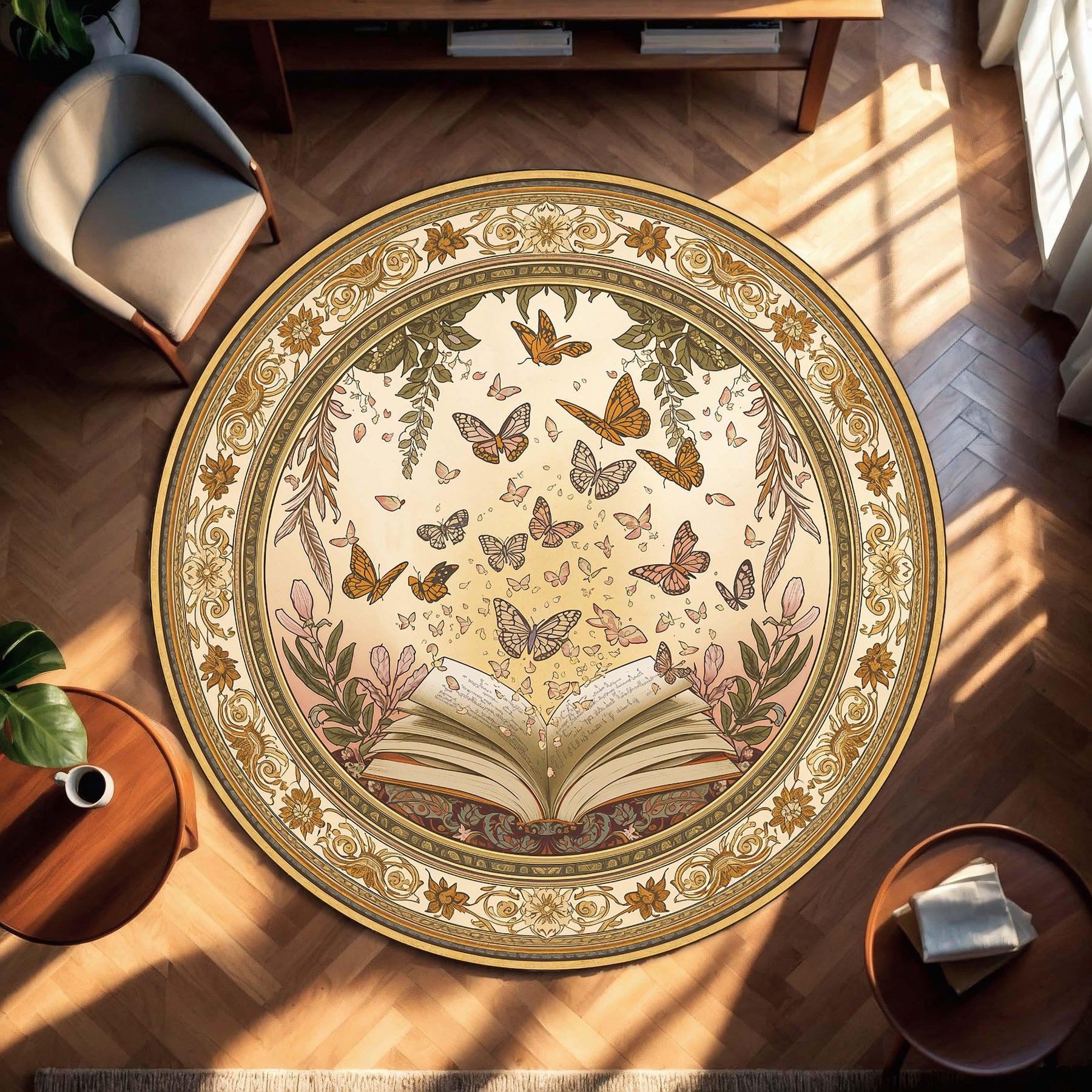 Butterfly Book Round Rug – Vintage Boho Reading Nook Carpet, Floral Botanical Circle Area Mat for Bedroom Living Room, Cozy Librarian Gift