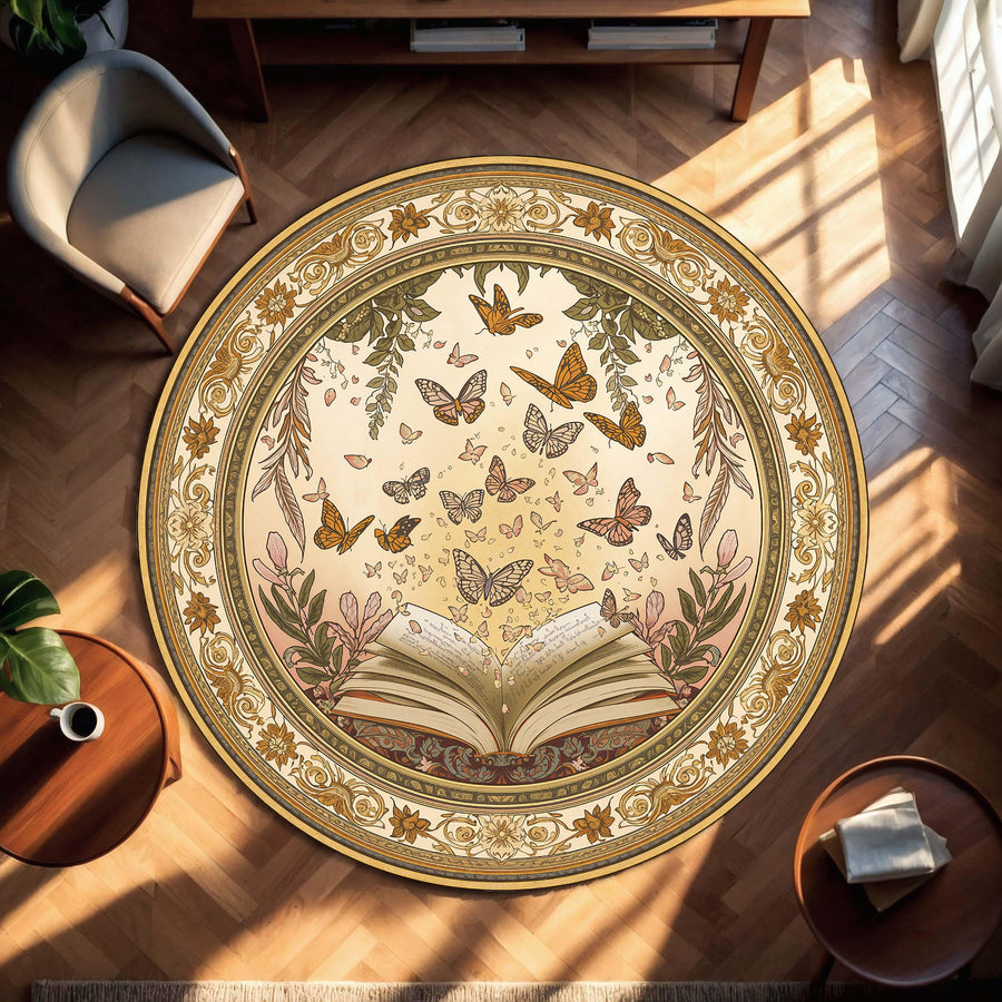 Butterfly Book Round Rug – Vintage Boho Reading Nook Carpet, Floral Botanical Circle Area Mat for Bedroom Living Room, Cozy Librarian Gift