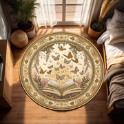 Butterfly Book Round Rug – Vintage Boho Reading Nook Carpet, Floral Botanical Circle Area Mat for Bedroom Living Room, Cozy Librarian Gift