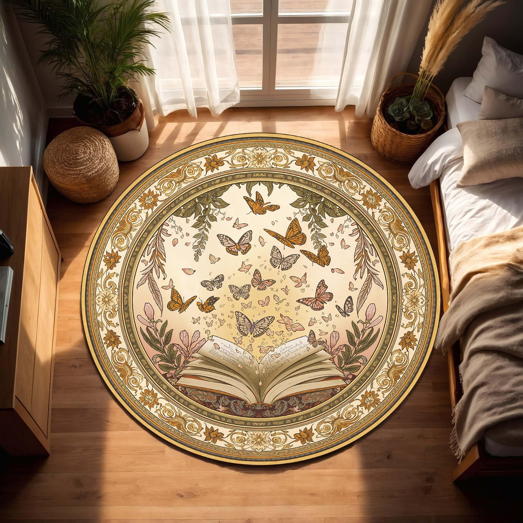 Butterfly Book Round Rug – Vintage Boho Reading Nook Carpet, Floral Botanical Circle Area Mat for Bedroom Living Room, Cozy Librarian Gift