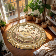 Butterfly Book Round Rug – Vintage Boho Reading Nook Carpet, Floral Botanical Circle Area Mat for Bedroom Living Room, Cozy Librarian Gift